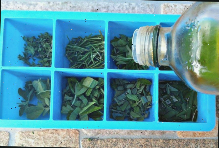 Ervas picadas em uma forma de gelo de silicone azul com azeite sendo despejado sobre as ervas.