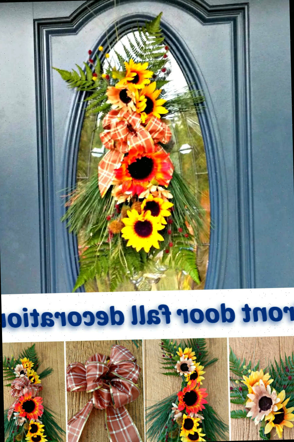 Como Criar um Enfeite de Porta de Outono Uma montagem mostrando uma decoração azul com um enfeite de porta de outono e fotos em close mostrando como fazer. Caixa de texto branca lê 'Decoração de porta de outono'.