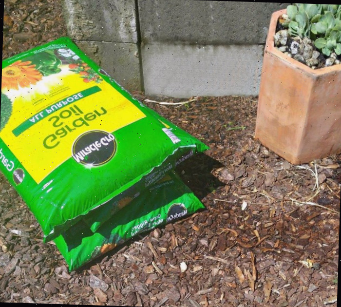 duas bolsas de Solo para Jardins Miracle Gro, um canteiro e uma cama de jardim elevada de blocos de cimento 2 bolsões de solo para envasamento Miracle Gro ao lado de um canteiro de blocos de concreto.