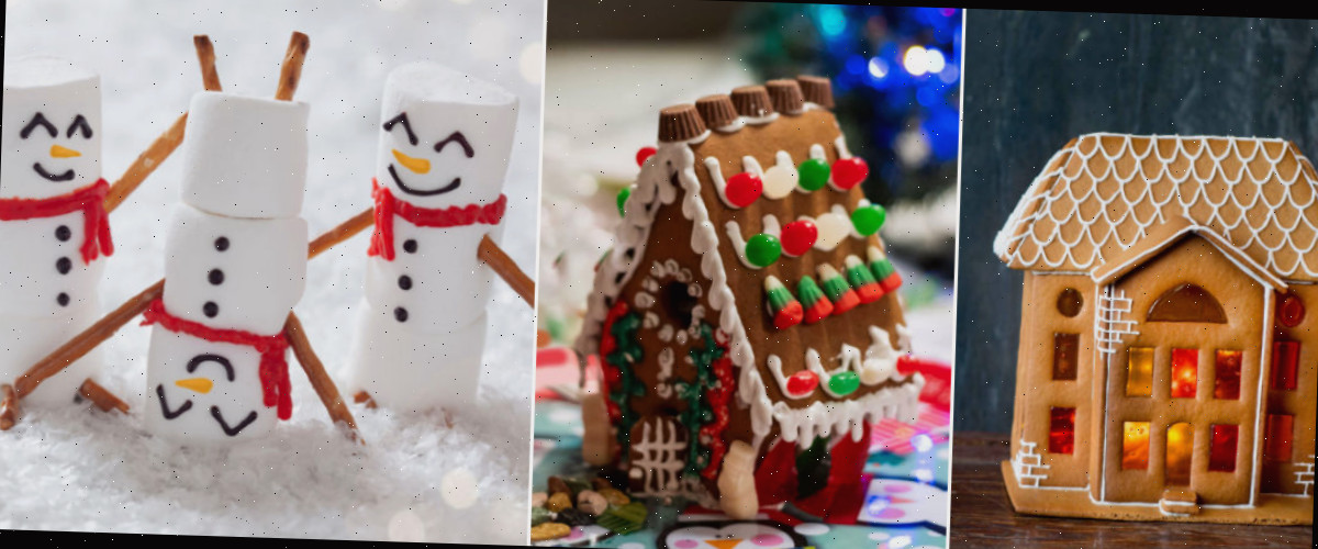 Um collage com fotos de uma casa de pão de gengibre com janelas tipo vitral, uma casa com chifre de rena e copos de manteiga de amendoim, além de três bonecos de neve de marshmallow.