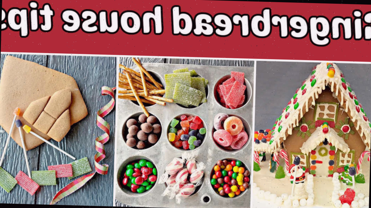 Um mosaico com imagens de uma casa de gengibre, doces em formas de muffin e um pedaço de gengibre com doces para ornamentação. A caixa de texto vermelha diz orientações para casa de gengibre.