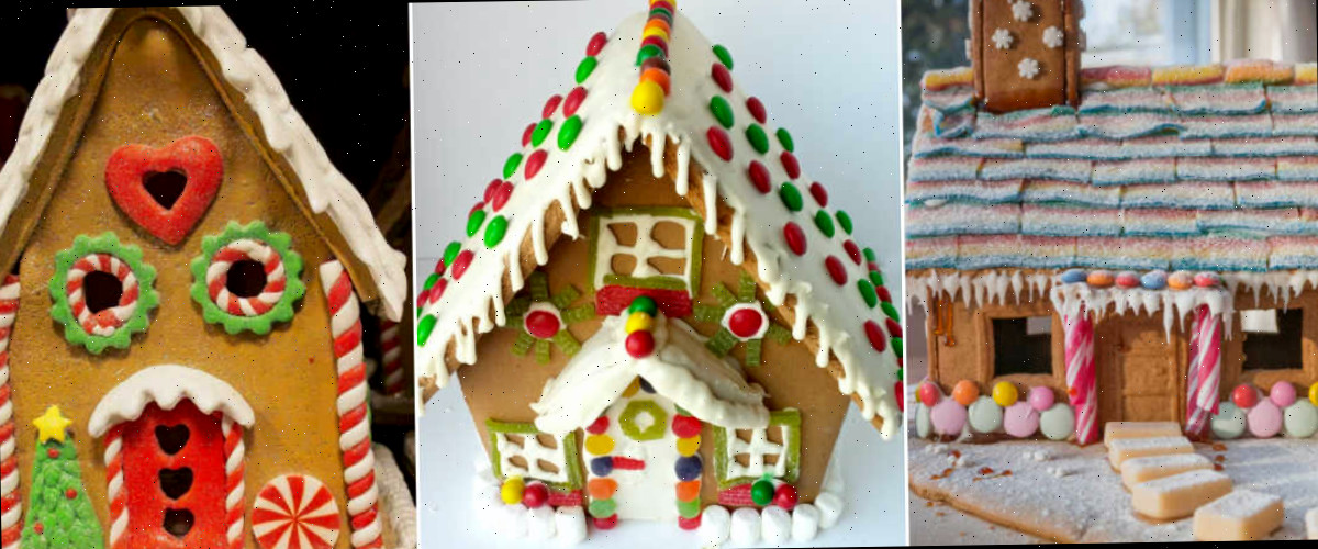 Um collage mostrando fotos de casas de gengibre com telhados de bala azedinha (sour candy), um telhado enfeitado com sixlets e janelas feitas de fatias de frutas, incluindo uma porta.