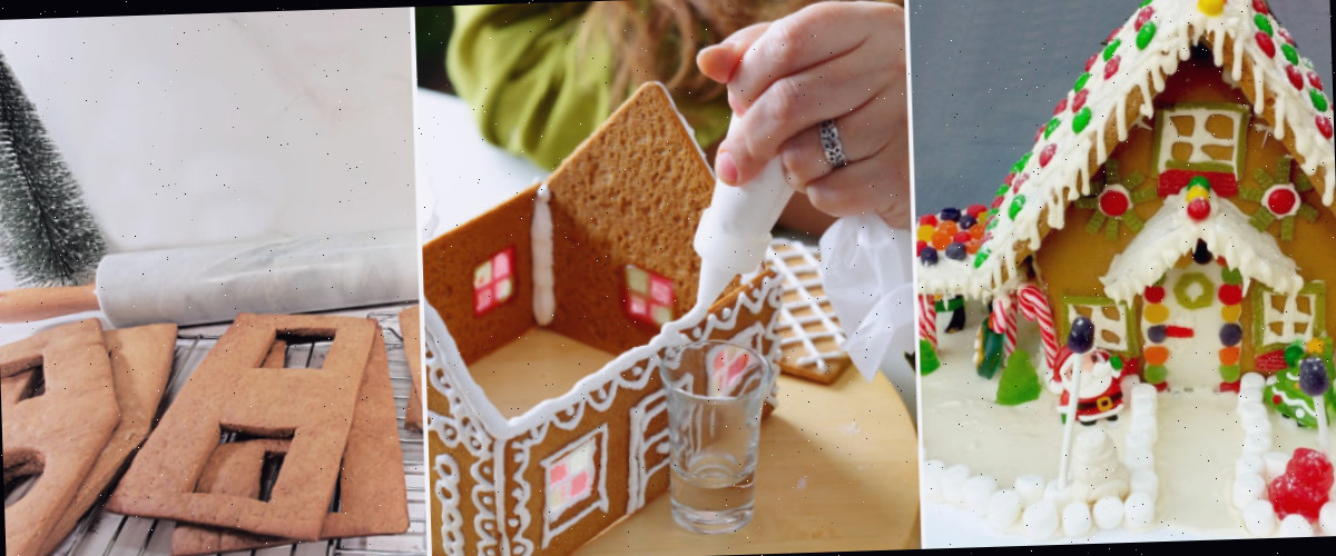 Uma montagem com imagens de uma casa de gengibre finalizada, uma mulher montando uma casa de gengibre e pedaços caseiros de gengibre secando em uma grade.