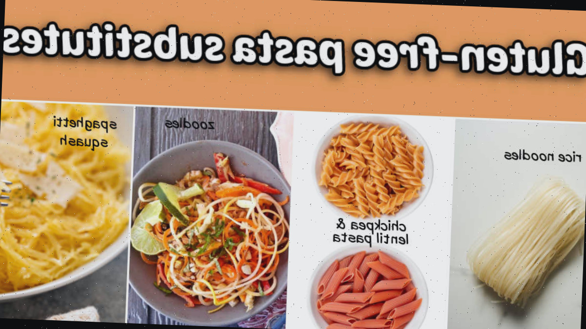 Macarrão de arroz, massa de grão-de-bico e lentilha, salada de zoodles e abóbora-espaguete cozida. O texto laranja diz substitutos de massa sem glúten.