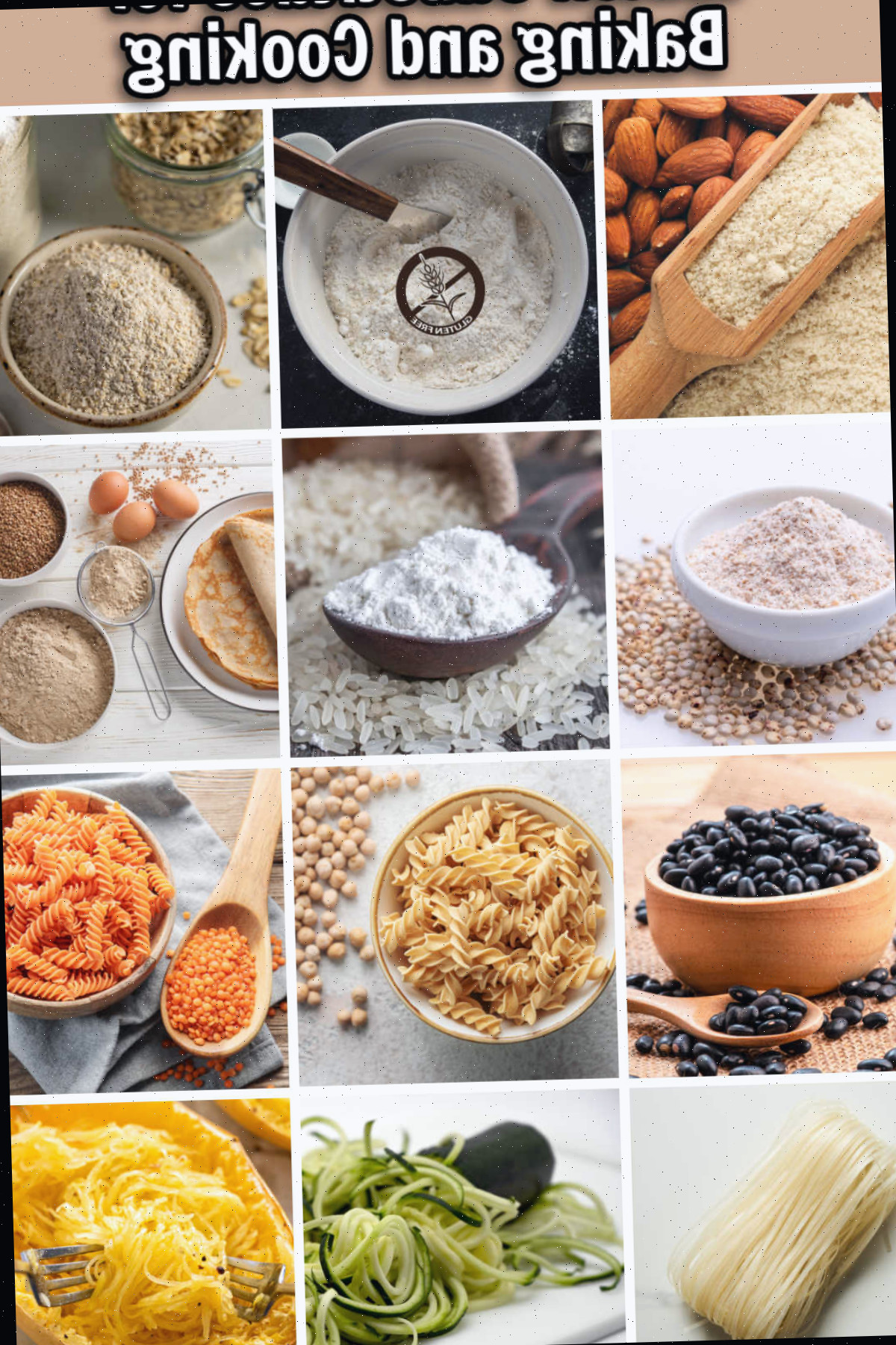 Uma variedade de farinhas, massas e macarrão sem trigo úteis em receitas. O texto bege diz substitutos sem glúten para assar e cozinhar.
