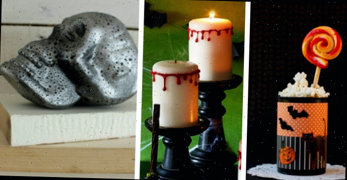 Projetos de decoração de Halloween em uma colagem: lembrança de festa, velas assustadoras em suportes e um crânio prateado em um livro.