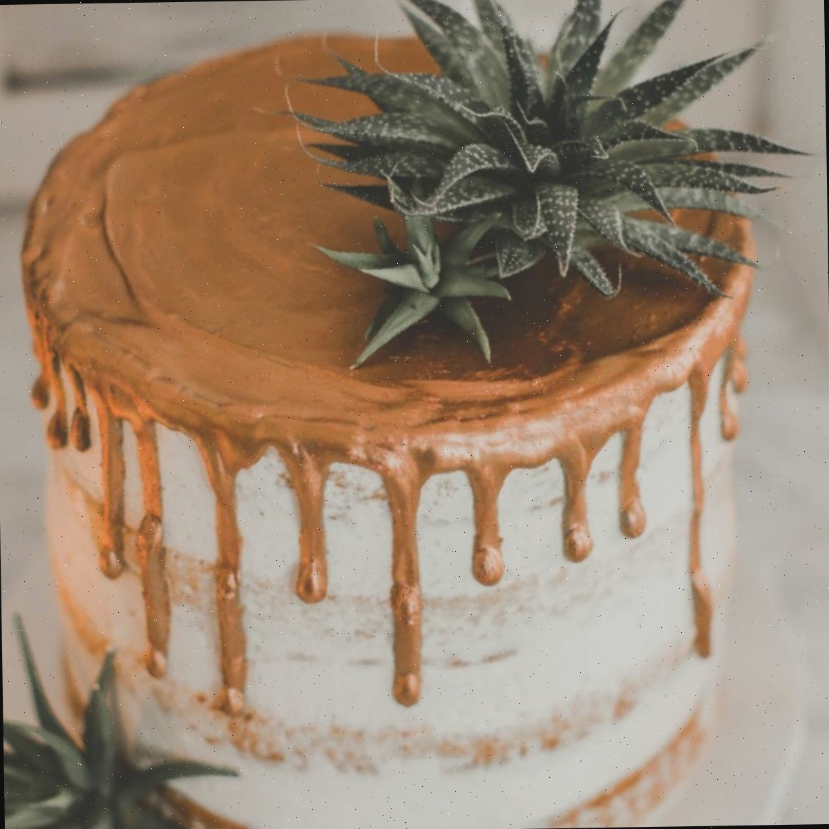 Bolo com suculentas e calda de cobre Um bolo com suculentas coberto com uma calda metálica de cobre no topo, escorrendo pelas laterais, e um topper de aloe artificial à esquerda.