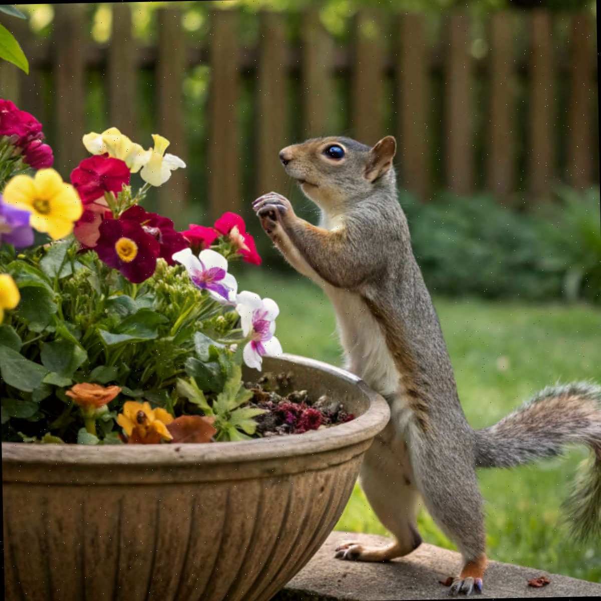 Um esquilo cinza prestes a cavar em um vaso de flores.