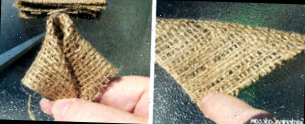 Uma colagem com imagens de uma mão dobrando juta marrom e elaborando pétalas para uma guirlanda DIY de juta.