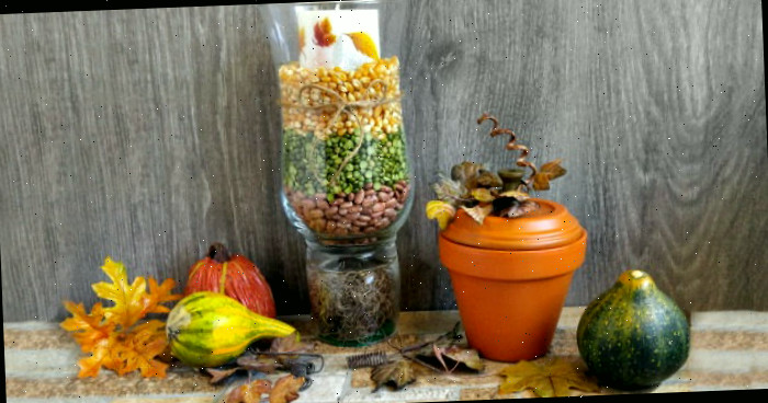 Autumn vignette with a rustic charm Vignette de centro de mesa de lâmpada de furacão