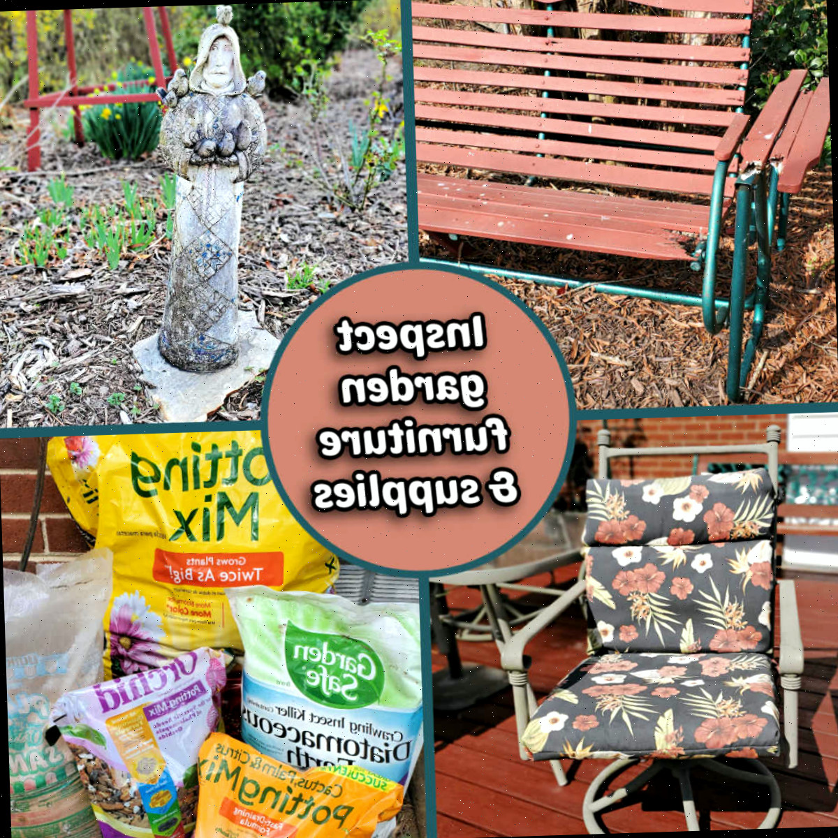Tarefas primaveris no jardim que necessitam de atenção: móveis de jardim quebrados, estátua suja, almofadas de cadeiras desbotadas e escassos materiais de jardinagem.