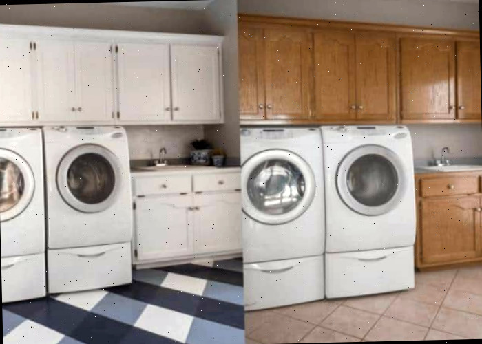 Uma cozinha com piso de azulejo