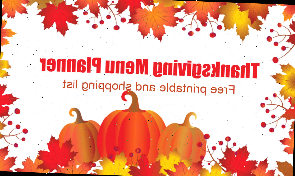 Folhas de outono ao redor de um fundo branco com as palavras Thanksgiving menu planner, free printable and shopping list.