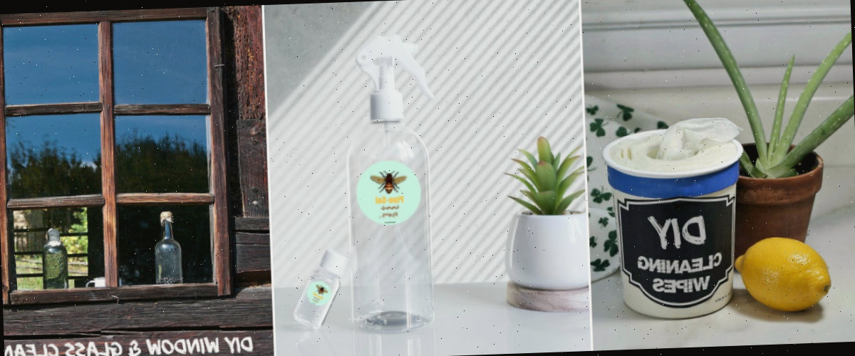Mais projetos práticos de DIY Uma colagem com fotos de lenços desinfetantes DIY, repelente de insetos PineSol e limpador de janelas DIY.