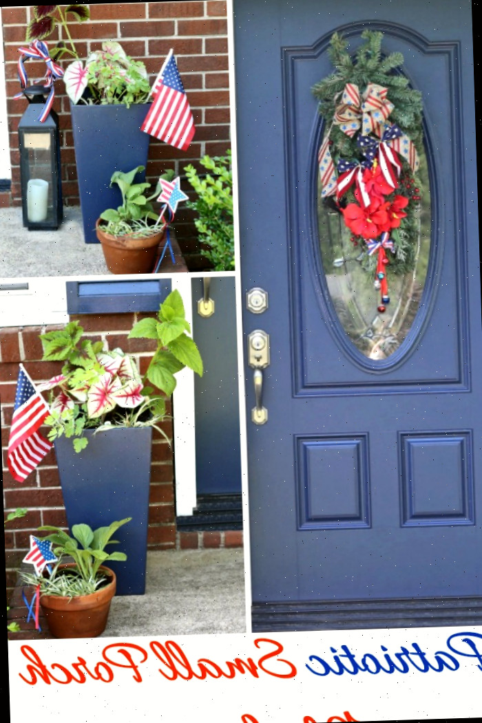 Decoração Patriótica para Pequenas Varandas para o 4 de julho dá boas-vindas com decorações vermelhas, brancas e azuis.