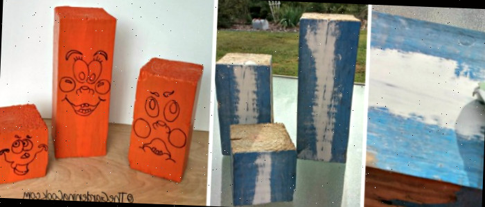 Um collage mostrando imagens de madeira recuperada sendo preenchida, lixada e pintada com tinta laranja e rostos pretos.