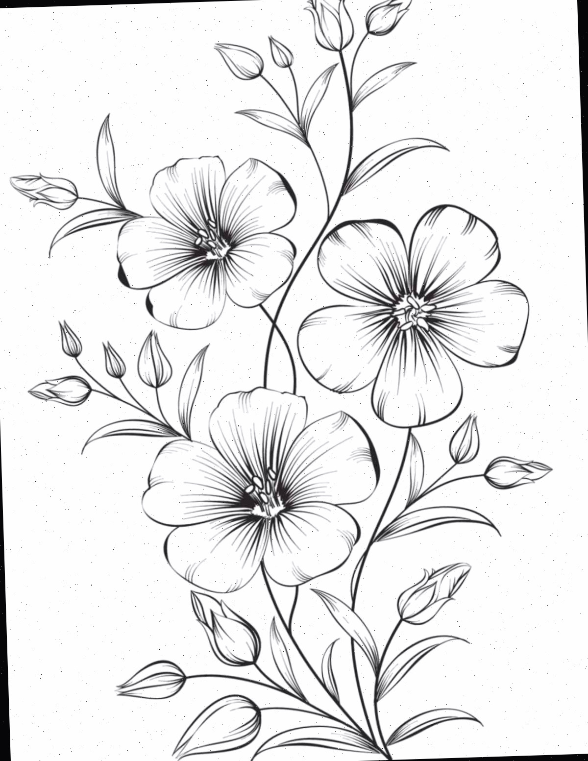 Adquira 35 folhas para colorir de flores para impressão Uma imagem grátis de folha para colorir de flores para impressão com um caule floral com três flores e muitas folhas.