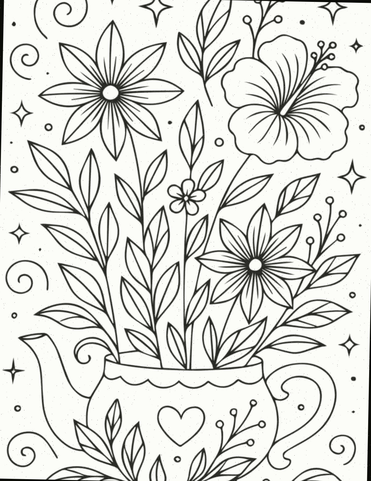 Obtenha 35+ páginas para colorir de flores grátis Uma página para colorir de flores para imprimir mostrando uma chaleira com um coração e folhas, com várias flores e trepadeiras crescendo dela.