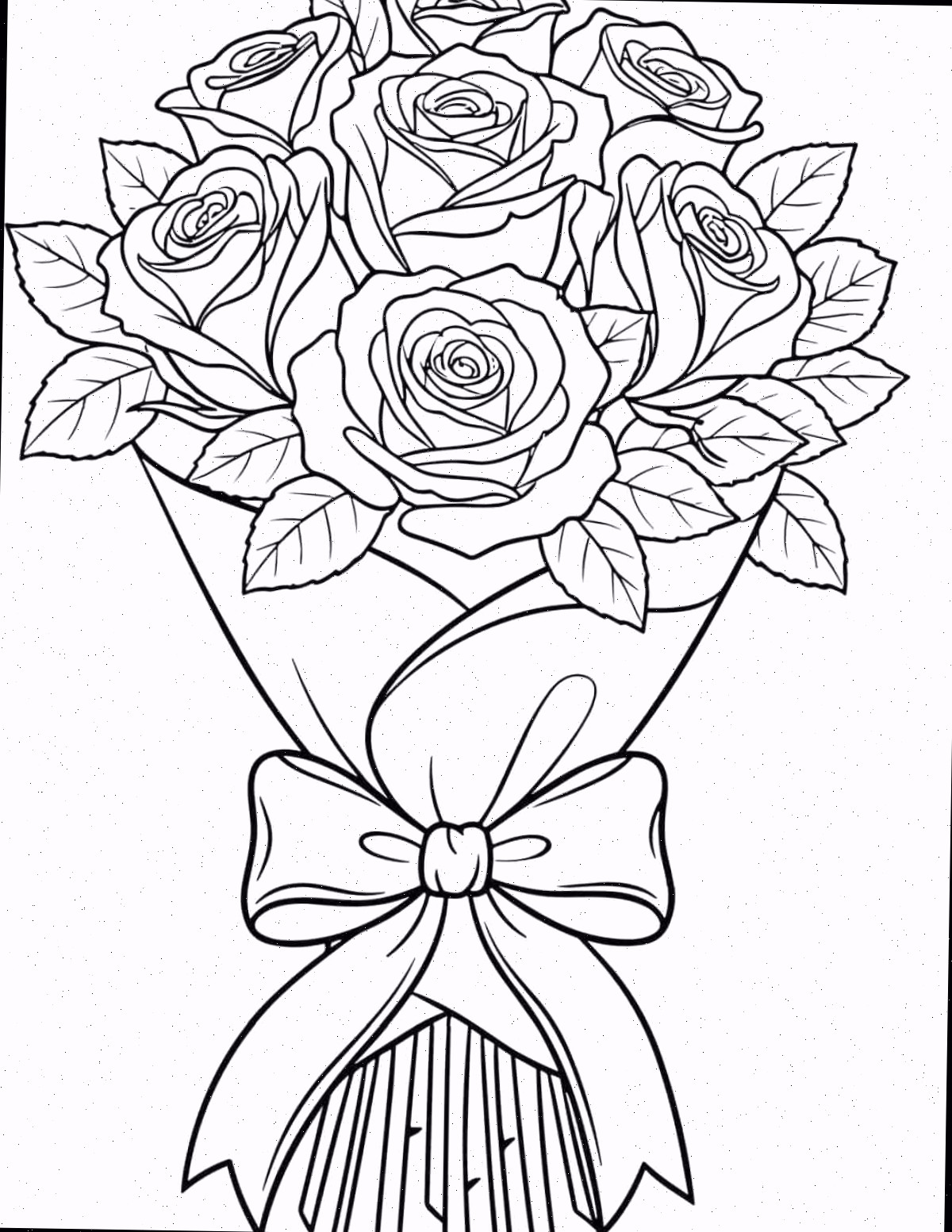 Obtenha uma página para colorir de rosas grátis para impressão Uma página para colorir de rosas para imprimir mostrando um grande buquê de rosas embrulhado em papel e amarrado com uma fita.