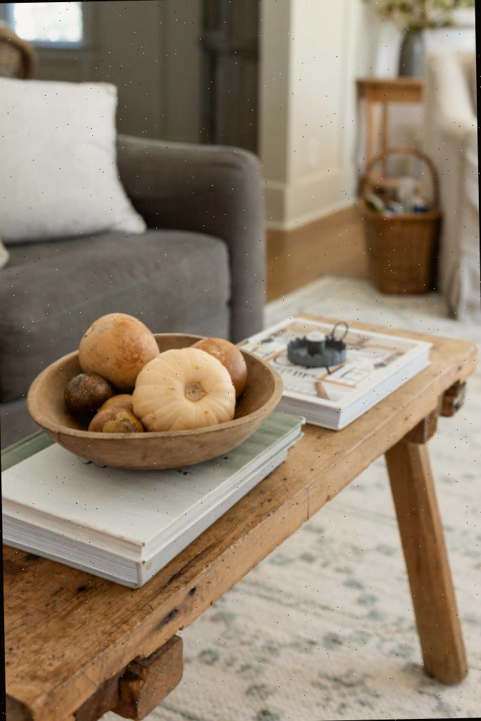 Mesa de centro com decoração de abóboras no outono