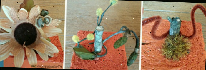Um collage mostrando galhos pintados em blocos laranja decorados com pedaços de uma presilha floral e um limpador de cachimbo marrom.