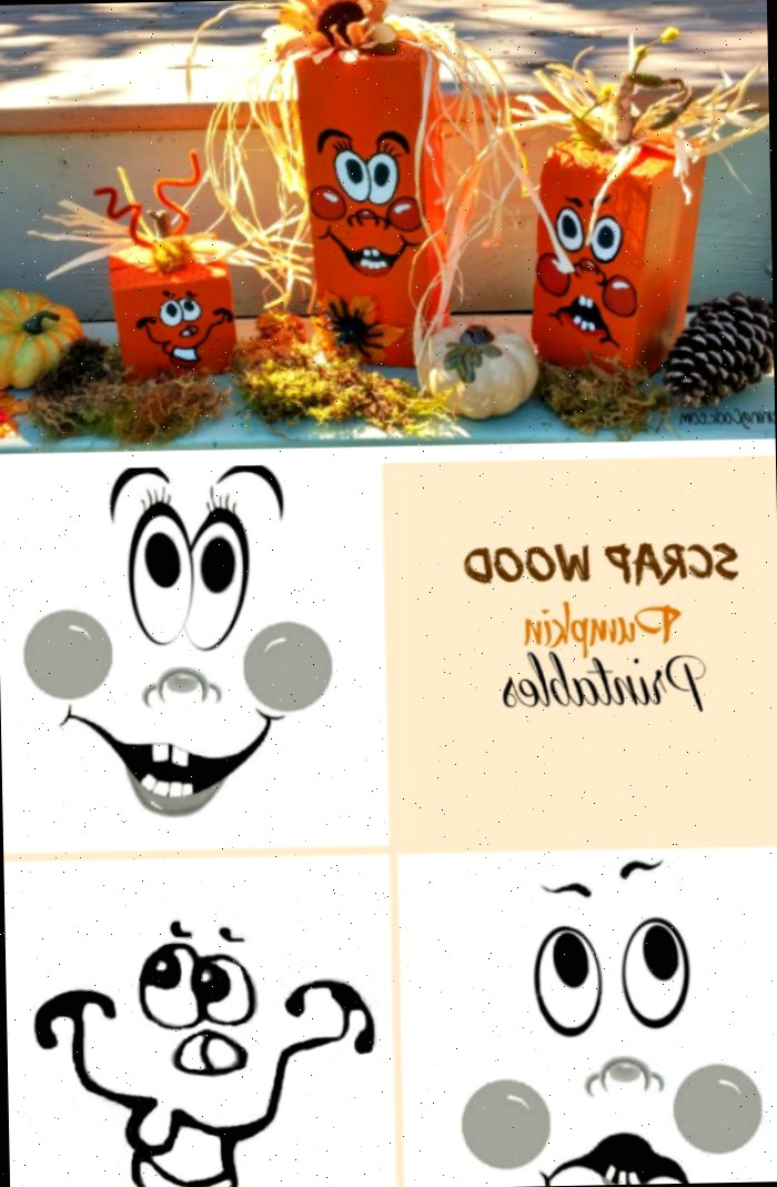 Madeira pintada para parecer abóboras com musgo e pinhas, e três rostos de abóbora com as palavras Impressões de abóbora de madeira Scrap.