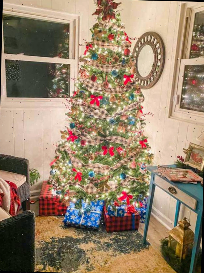 Árvore de Natal decorada com fita xadrez preta e laços rubros iluminada à noite
