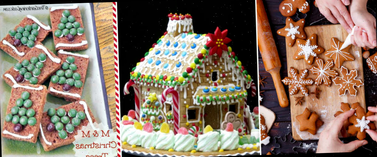Um mosaico com imagens de mãos manipulando gengibre, uma residência de gengibre finalizada e biscoitos em barra de gengibre com árvores natalinas MM.