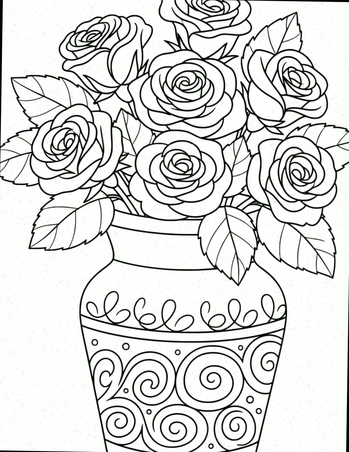 Folhas para colorir de rosas para impressão Uma imagem de página para colorir de rosas gratuita para impressão com um grande vaso em espiral, repleto de rosas.