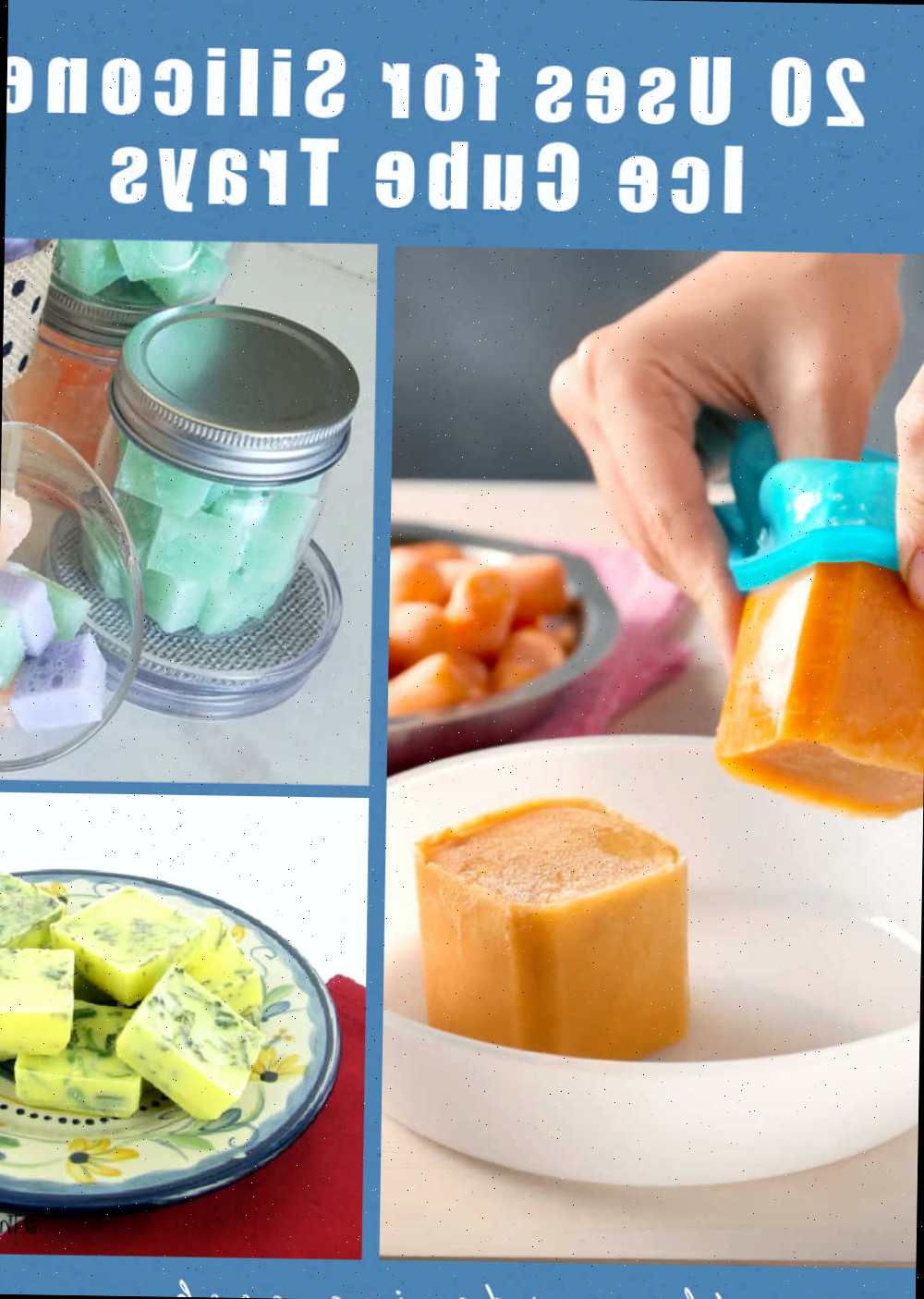 Mãos com grandes cubos de gelo, cubos de sabonete e cubos de ervas e texto dizendo 20 Usos para Formas de Gelo de Silicone