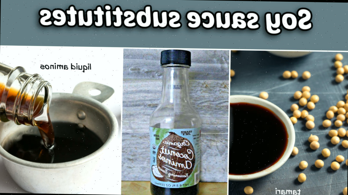 Tigela de tamari, frasco de aminos de coco e uma tigela de aminos líquidos. O texto cinza diz alternativas para molho de soja.