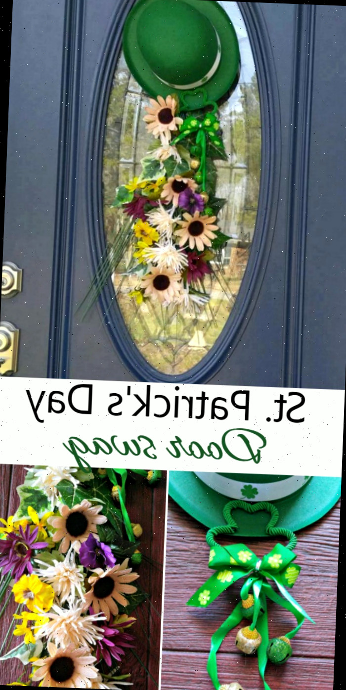 Guirlanda de Porta do Dia de São Patrício Esta Guirlanda de Porta do Dia de São Patrício em texto em uma colagem mostrando uma guirlanda de porta com chapéu de duende e flores.