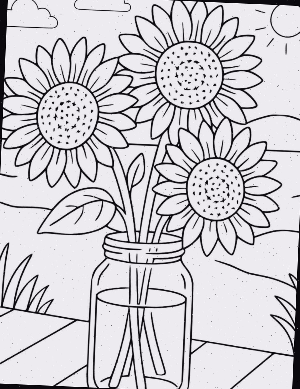 Adquira esta imagem de folhas para colorir de girassóis gratuitas para imprimir Uma imagem de folhas para colorir de girassóis gratuitas para impressão com um vaso contendo três girassóis sobre um deck, com um rio e nuvens ao fundo.