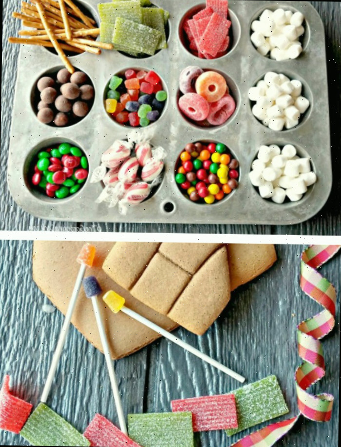 Materiais para confeccionar uma casa de gengibre em um mosaico.