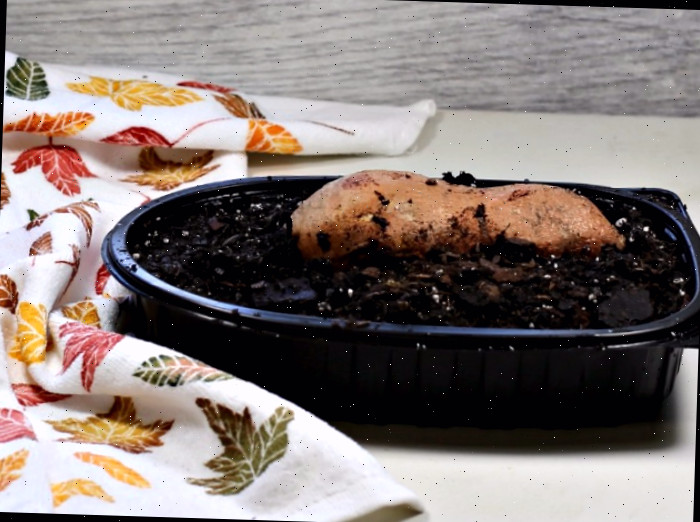 Uma batata-doce orgânica no solo, em uma bandeja plástica preta, ao lado de uma toalha estampada.