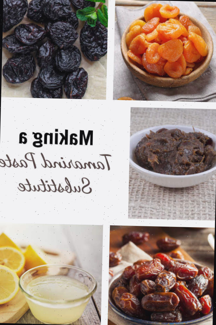 Damasco seco, ameixas secas, tâmaras, suco de limão e pasta de tamarindo com sobreposição de texto dizendo