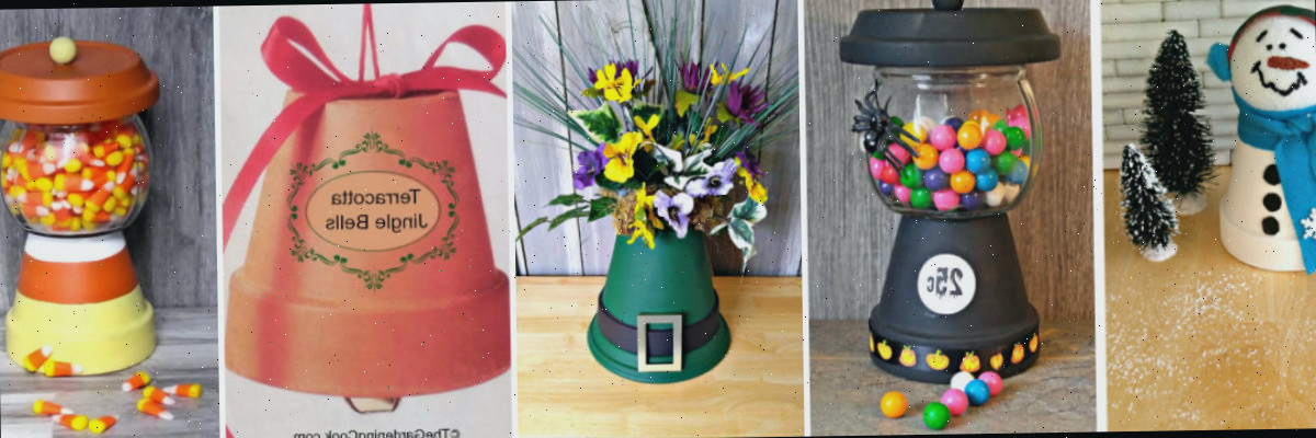 Mais projetos de vasos de barro para experimentar Uma colagem com imagens de um boneco de neve de vaso de barro, máquina de chiclete de vaso, centro de mesa de chapéu, ornamento de sino e dispensador de milho doce.