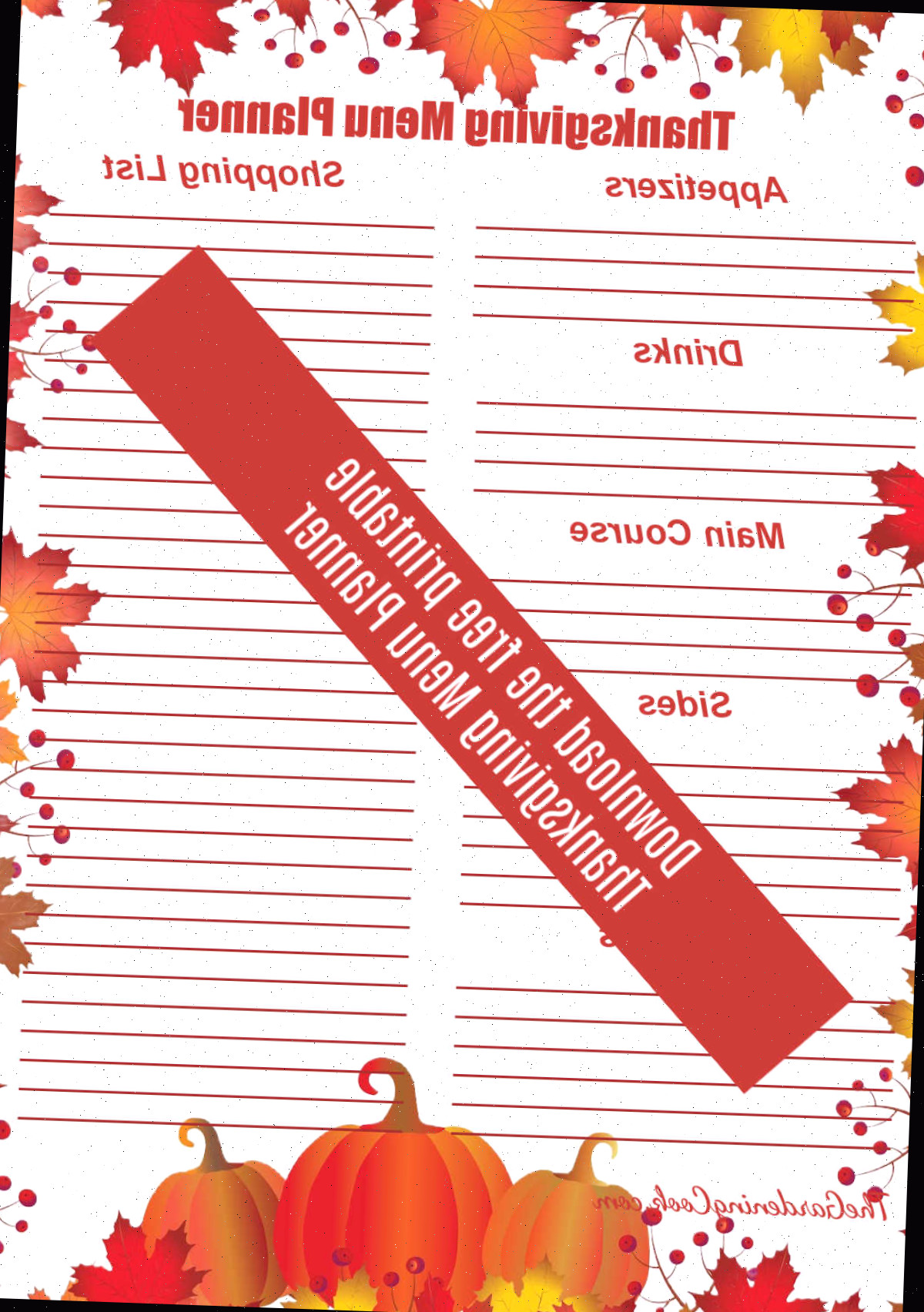 Folha com linhas para planejamento das refeições cercada por folhas. O texto sobreposto diz Download the free printable Thanksgiving Menu Planner.