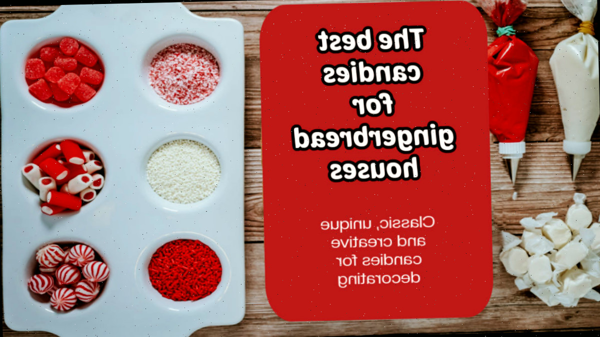 Balas embrulhadas, pacotinhos de glacê cheios e doces em uma forma de muffins. A caixa de texto vermelha diz: As melhores guloseimas para casas de gengibre - doces clássicos, únicos e criativos para enfeitar.