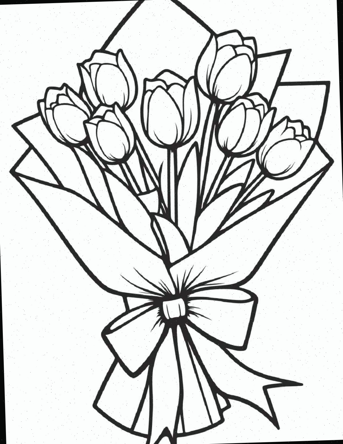 Página para colorir de tulipas para imprimir Uma folha para colorir de tulipas para impressão com um arranjo de tulipas e um laço na parte central da folha.